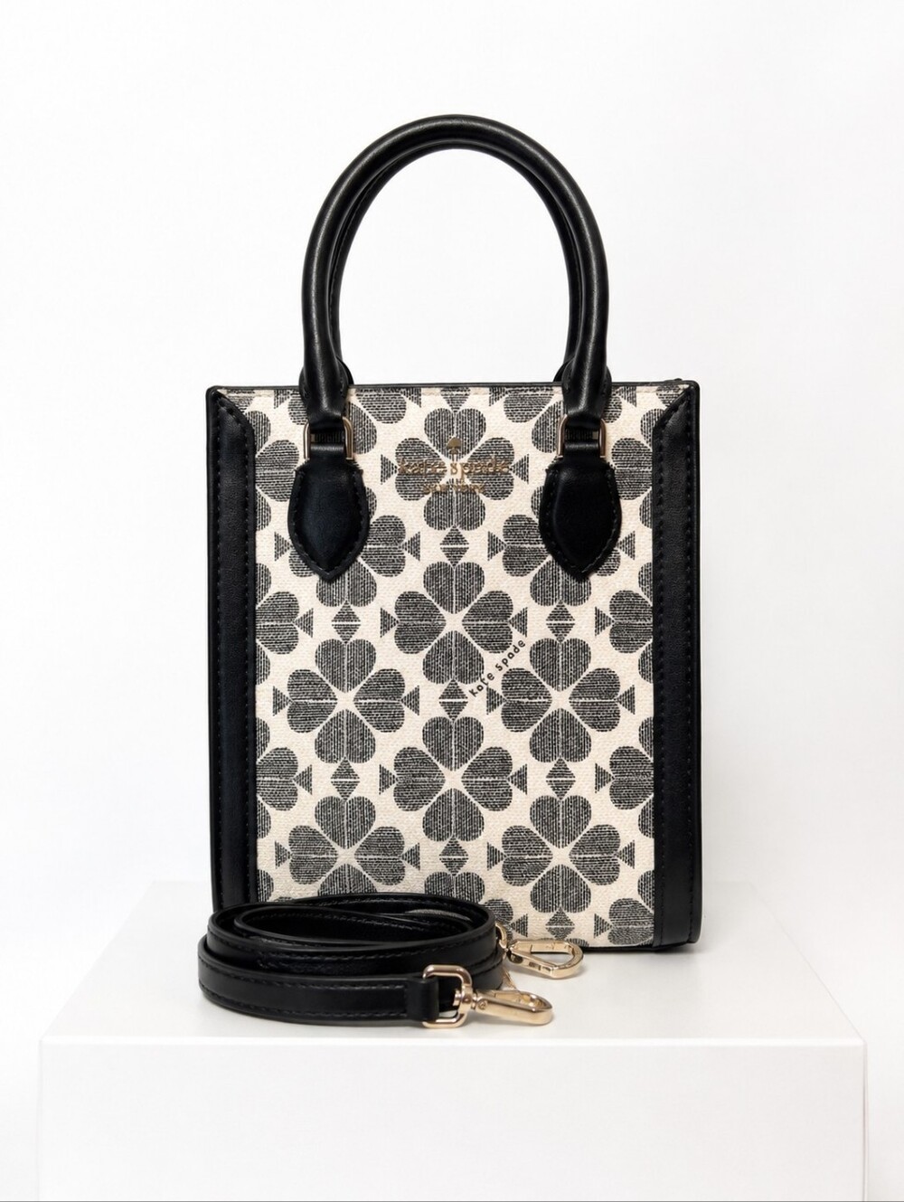 Kate Spade Spade Flower Jacquard Mini Tote Crossbody Bag Black Cream - Picture 2 of 14